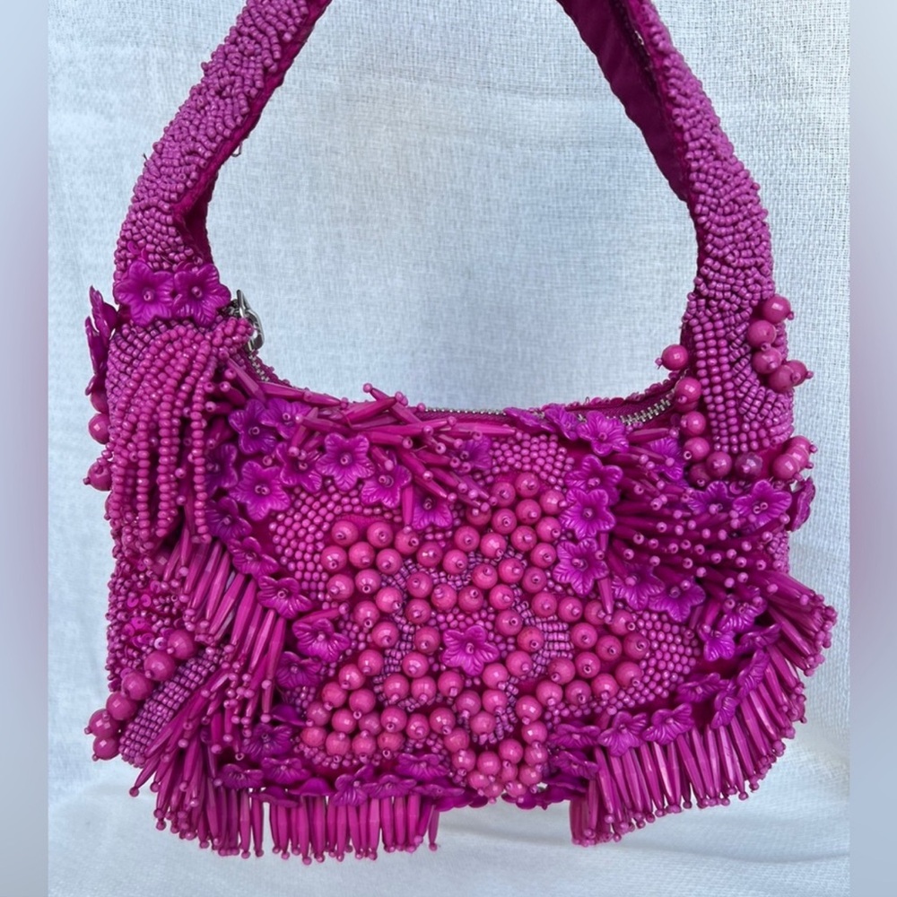VIRAL HANDMADE FUCHSIA BEADED BAG W/ FLOWER DETAILS, NWT *LAST IN STOCK*